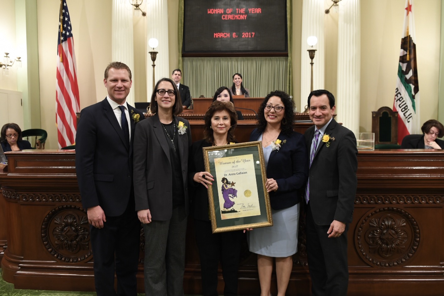 Republican Leader Chad Mayes, Assemblymember Laura Friedman, Dr. Anna Galfaian, Assemblymember Cristina Garcia, and Speaker Anthony Rendon