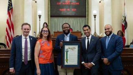 Assemblymember Friedman and Assembly Science Fellow, Dr. Dirk Jamal Spencer, pose with Speaker Rivas, Assemblymember Isaac Bryan, and Assemblymember James Gallagher.
