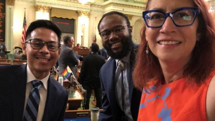 Assemblymember Friedman takes selfie with Assembly Fellow, Sebastian Tinajero, and Assembly Science Fellow, Dr. Dirk Jamal Spencer.