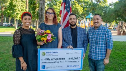 Assemblymember Friedman, her District Director, Senior Field Rep, and Deputy Communications Director pose with check for Fremont Park