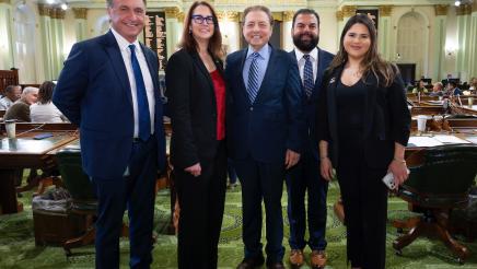 Assemblymember Laura Friedman and Assemblymember Rick Zbur pose with honored guests: Vrej Agajanian, Armand Aghakhanian, and Victoria Dochoghlian