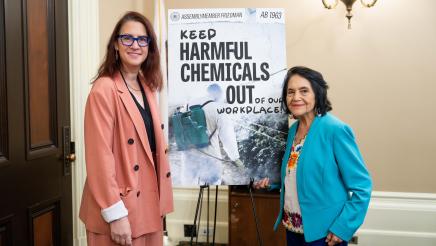 Assemblymember Laura Friedman and Dolores Huerta pose with poster that says, "Keep Chemicals Out of Our Workplace."