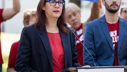 Assemblymember Friedman speaks at Make Polluters Pay rally