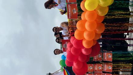 Assemblymember Laura Friedman on float in Pride parade