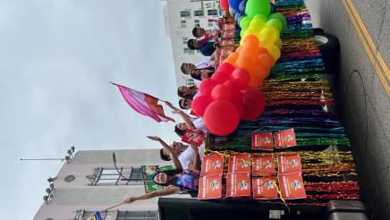 Assemblymember Laura Friedman on float in Pride parade