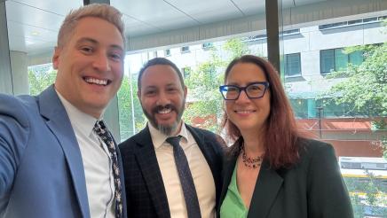 Mayor John M. Erickson Ph.D and Justin Orenstein (Transportation and Legislative Affairs) with Lindsey Horvath’s office for testifying for AB 761 pose for photo with Assemblymember Laura Friedman