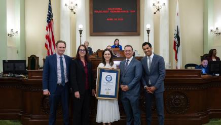 Wide shot of the Assembly leadership with Carolyn Siegel