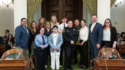 Assemblymember Schultz with Local Kids, Public Educators, and Dispatchers from the District for 9-1-1 Dispatchers Recognition Month in the Assembly Chambers